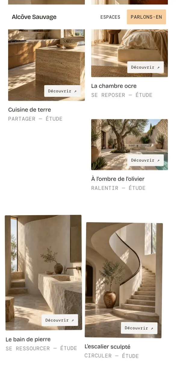 Alcôve Sauvage sur smartphone : carnet des espaces en mosaïque