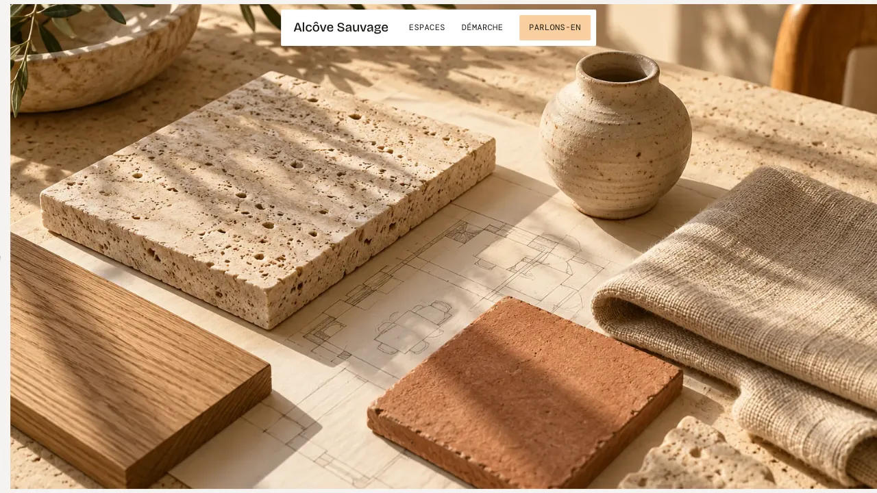 Alcôve Sauvage sur ordinateur : palette de matières en plein écran