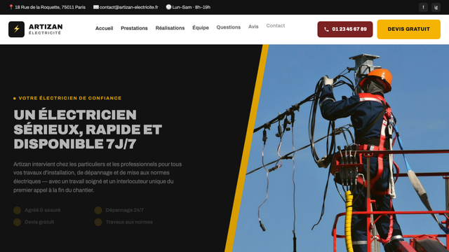 Artizan - Projet site web artisan électricien par Virtuos Studio Artizan - Site web artisan électricien, prise de contact et devis en ligne