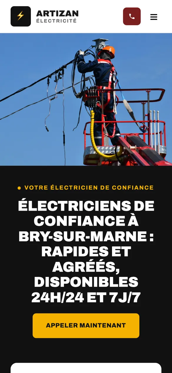 Artizan sur smartphone : accueil avec bouton d’appel