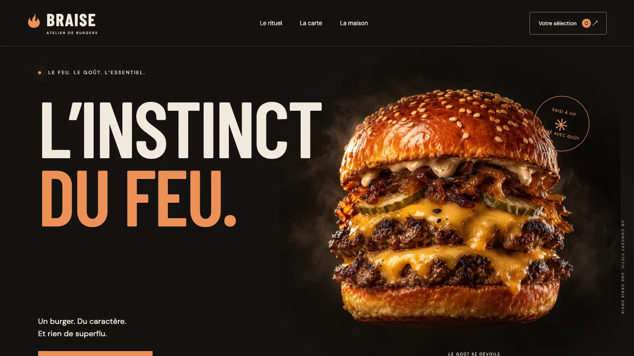 BRAISE sur ordinateur : page d’accueil avec le burger signature