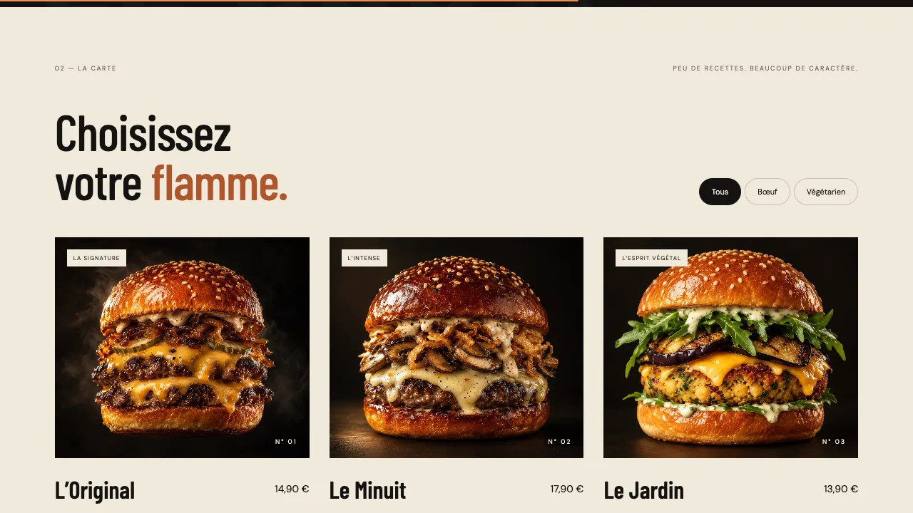BRAISE sur ordinateur : la carte avec les trois burgers