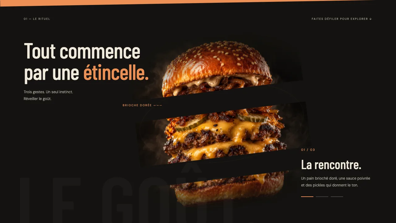 BRAISE sur ordinateur : le burger s’assemble au défilement