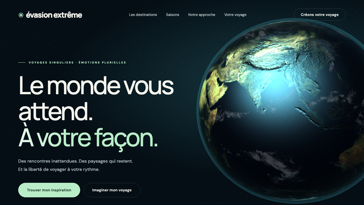 Aperçu Évasion Extrême, site de voyages sur mesure avec planète 3D