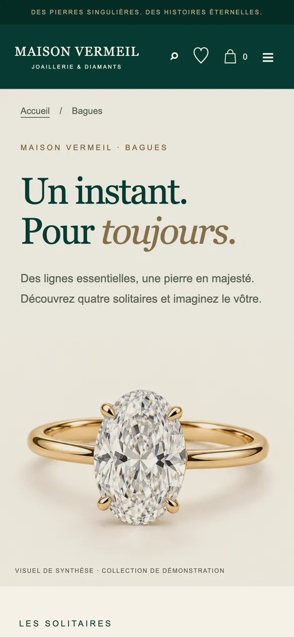 Maison Vermeil sur smartphone : la page Bagues
