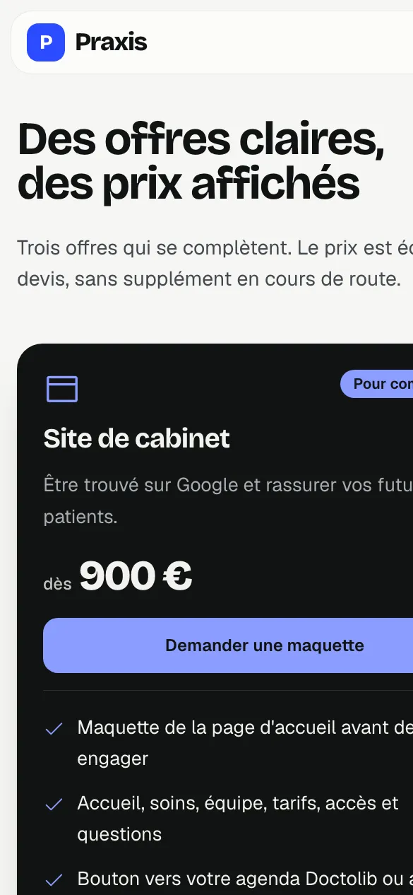 Praxis sur smartphone : page des offres
