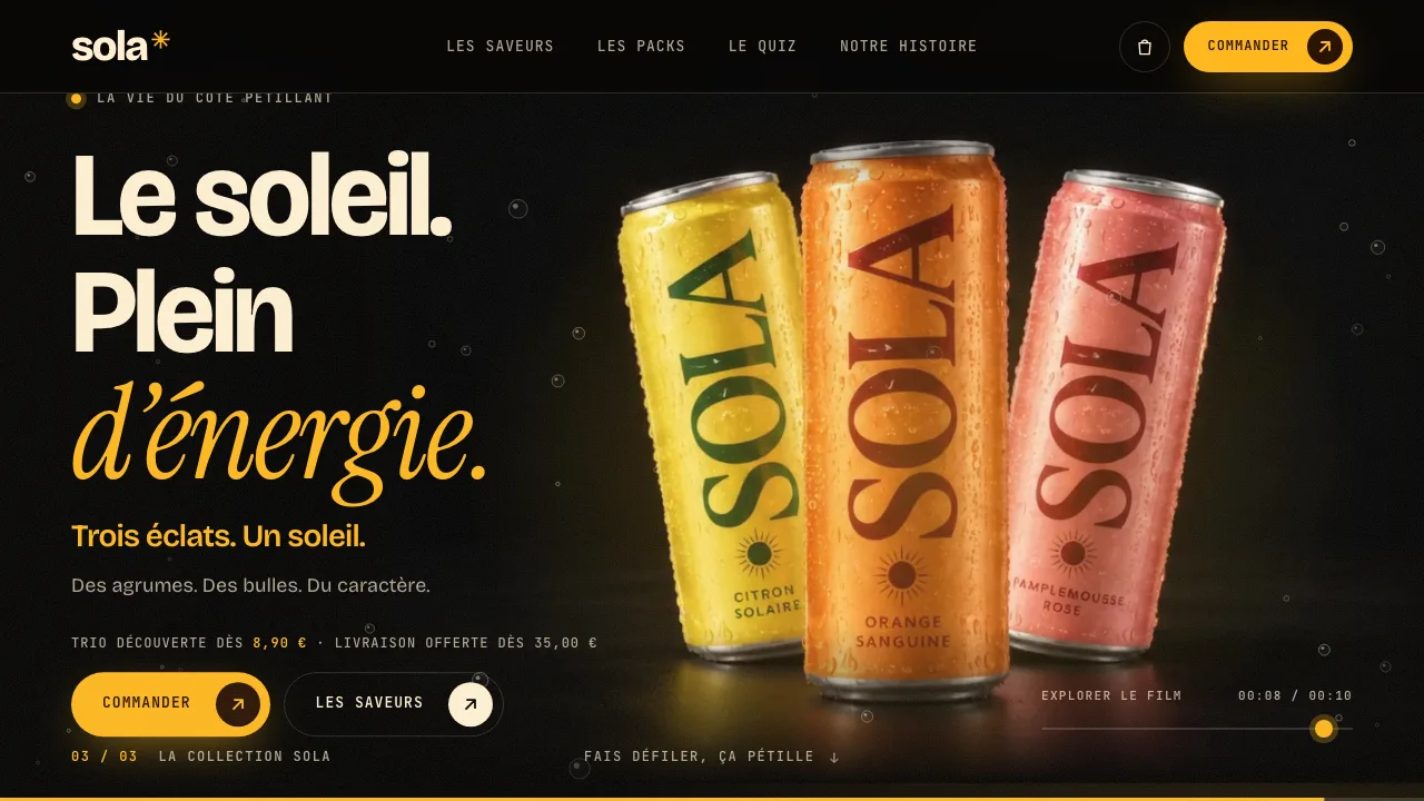 SOLA sur ordinateur : page d’accueil avec les trois saveurs