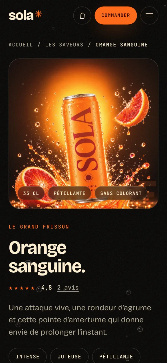 SOLA sur smartphone : la fiche produit Orange sanguine
