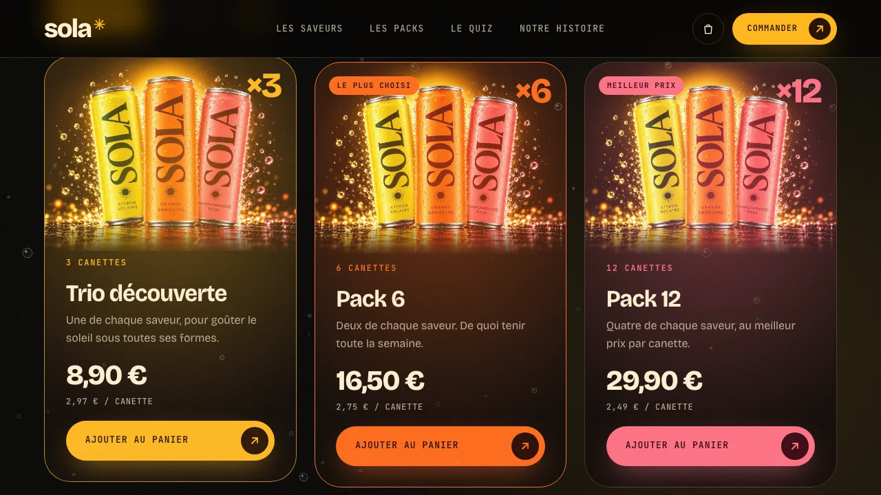 SOLA sur ordinateur : les packs Trio, 6 et 12 canettes
