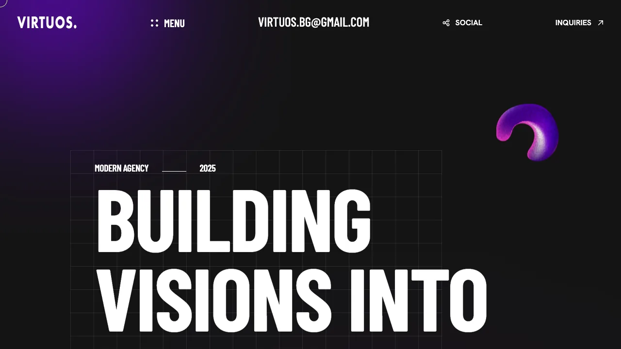 Virtuos portfolio sur ordinateur : hero typographique
