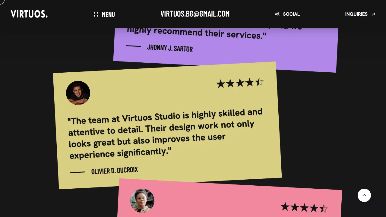 Virtuos portfolio sur ordinateur : avis clients en notes colorées