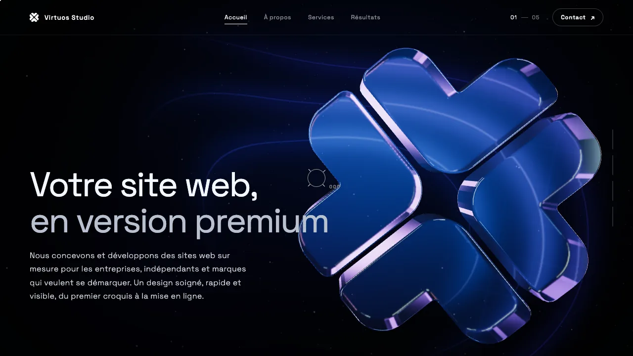 VirtuosWebsite sur ordinateur : accueil avec le logo en verre 3D